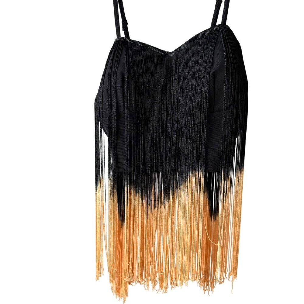 Body Central Black Gold Fringe Dance Top Padded Bust Adjustable Straps Glam Club